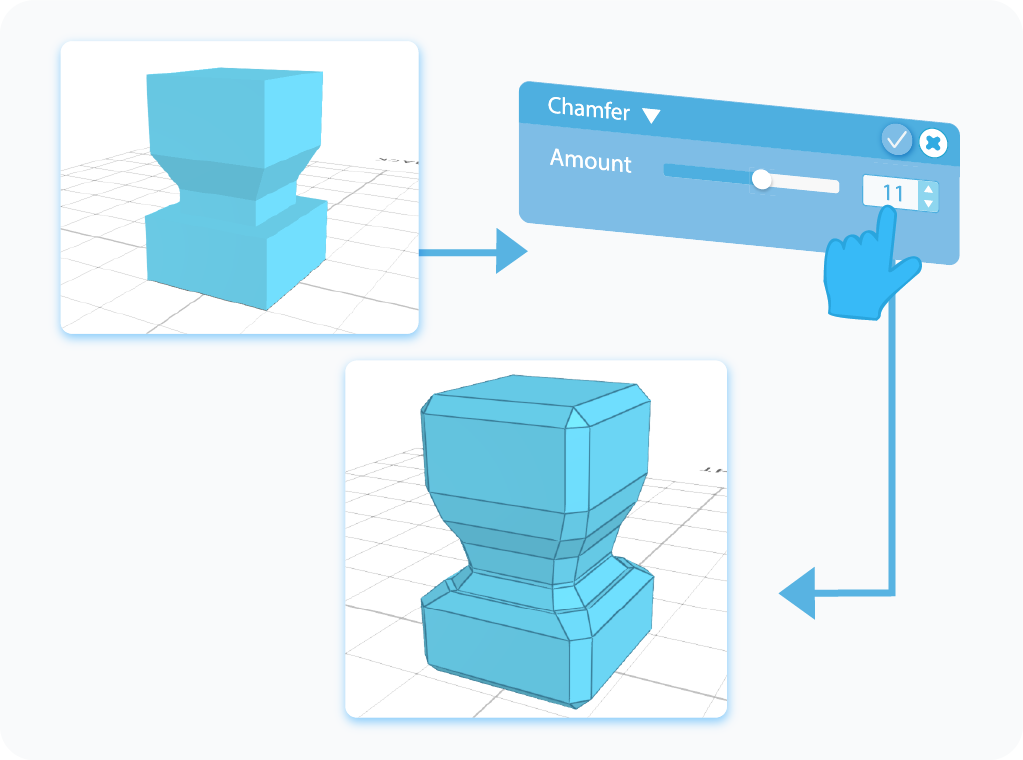 Customizing the Amount feature for the Chamfer tool with slider or text-box